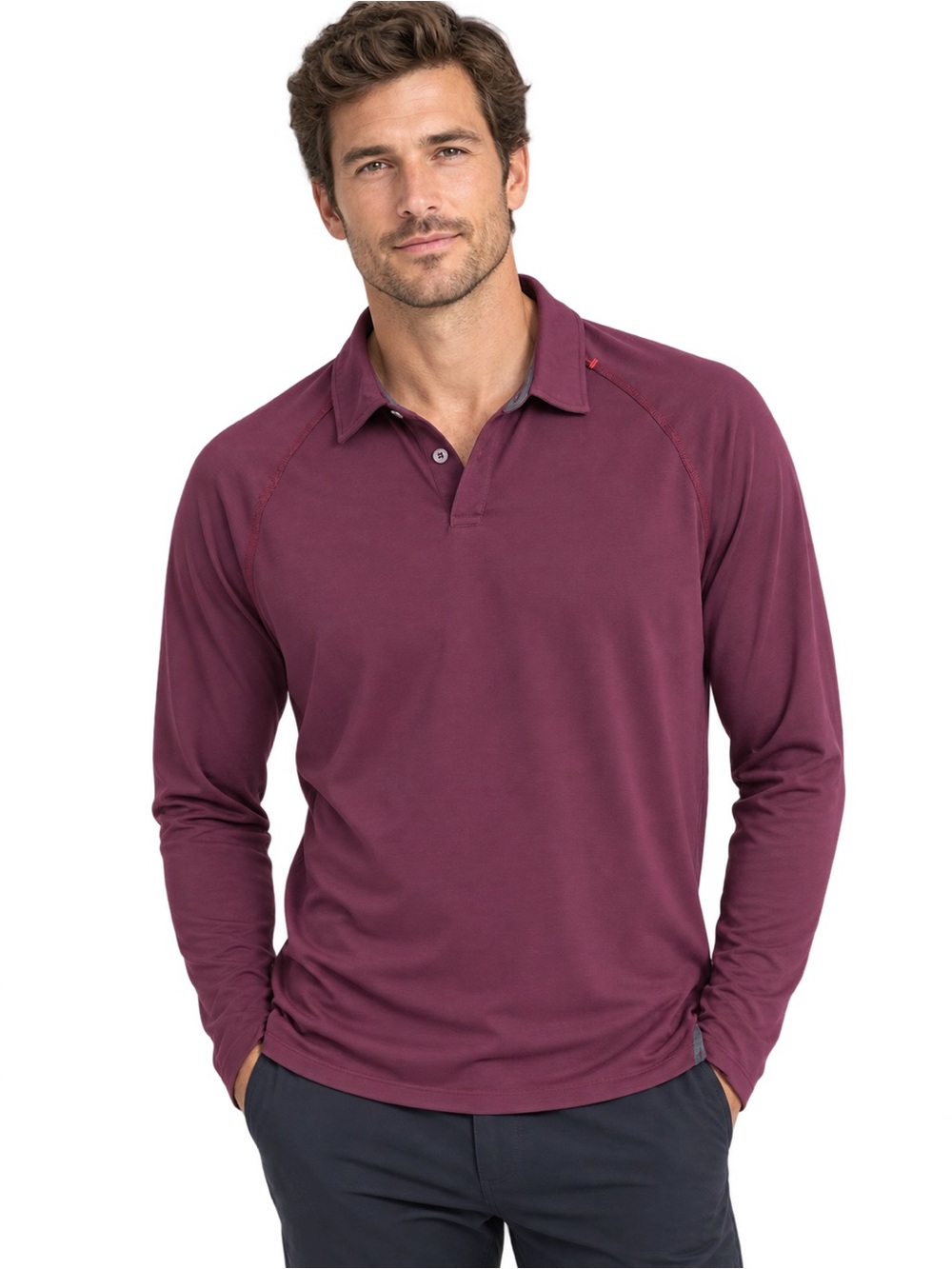 Rhone Shirt Men's L Long Sleeve Delta Pique Polo Grape Wine
